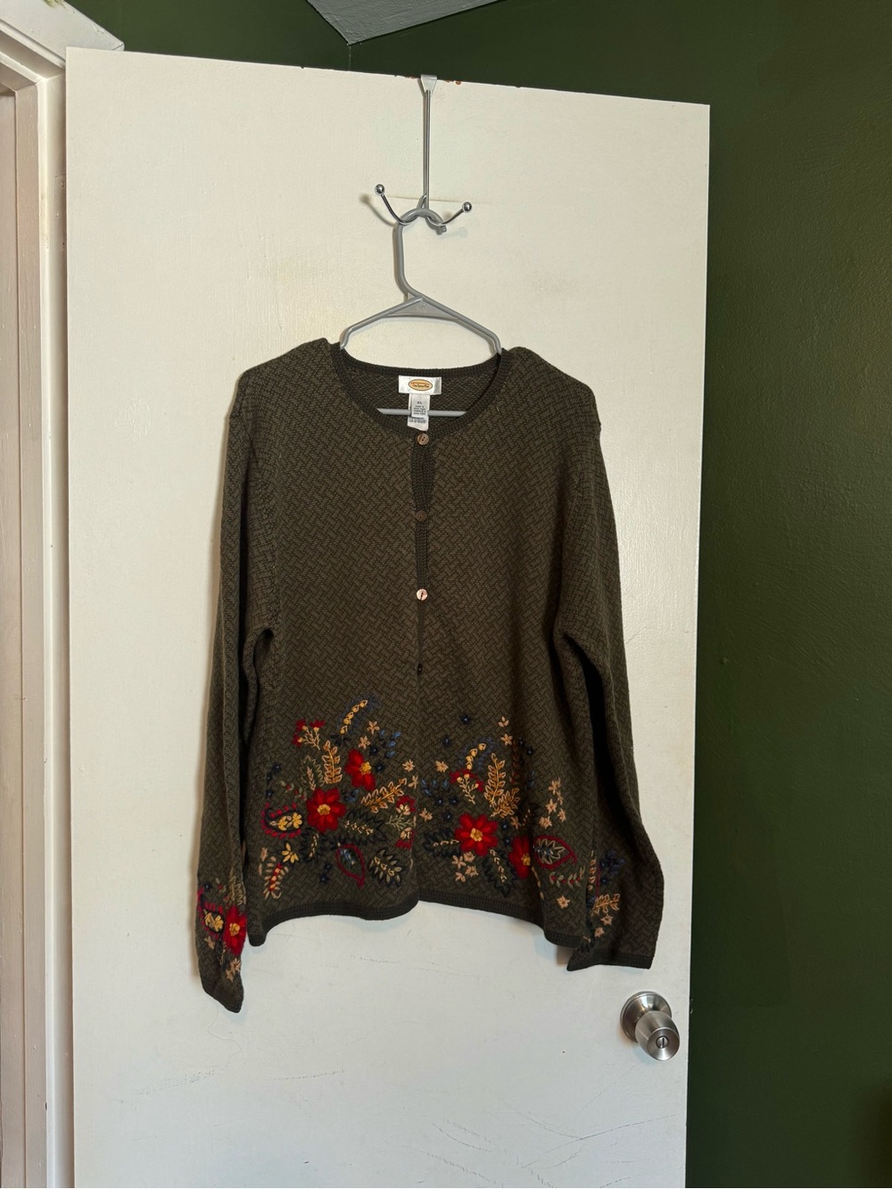 Vintage Talbots green button down cardigan sweater floral embroidered size XL